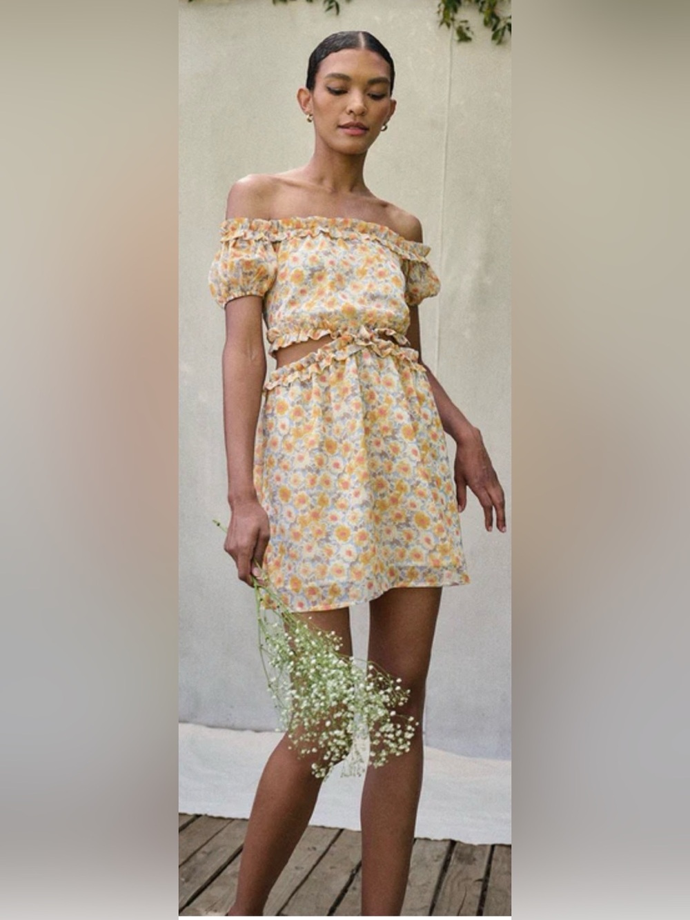 Promesa Yellow Floral Ruffle Dress on or off Shoulder